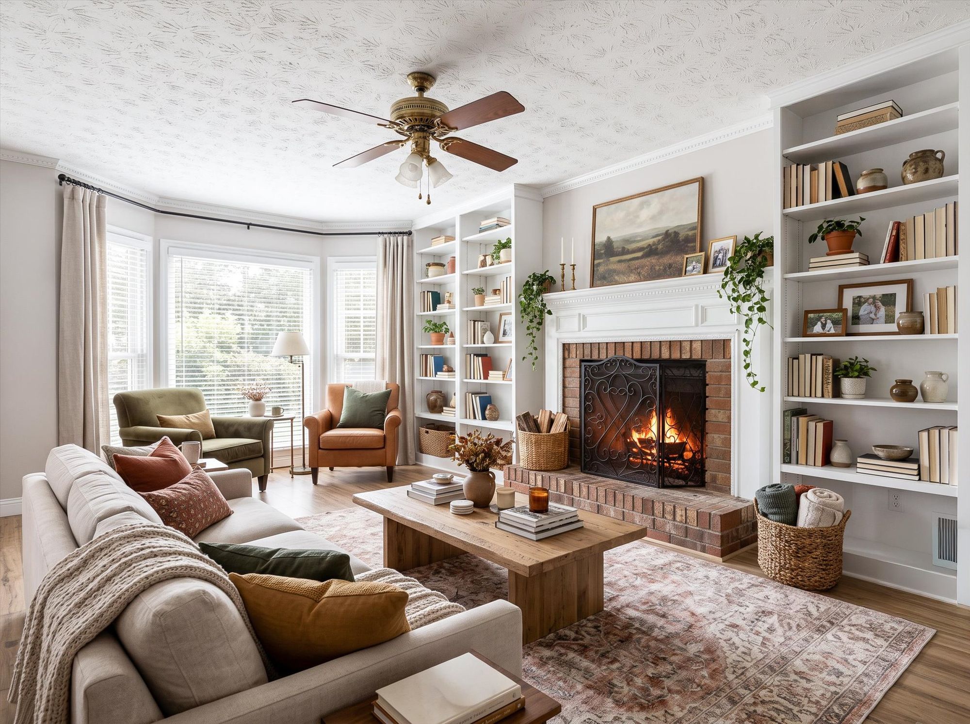 Great room with brick fireplace and built-in shelving
